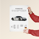 Person holding Porsche 918 Spyder poster by Dripster featuring car specs and side view image